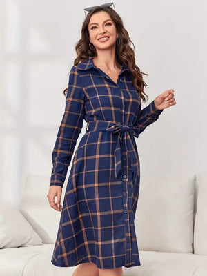 Plaid Tie Waist Long Sleeve Dress - SAHS