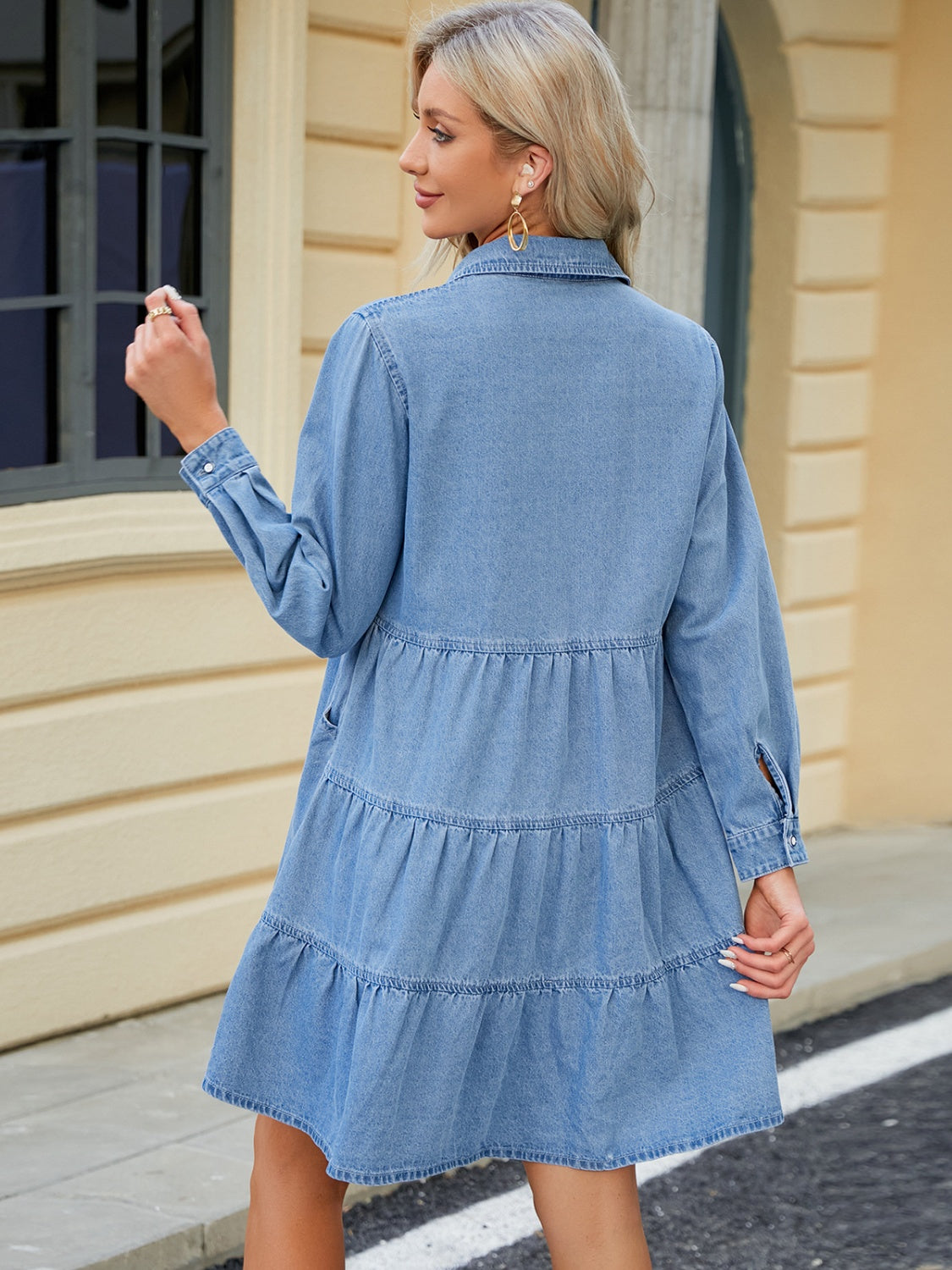 Tiered Button Up Long Sleeve Denim Dress - SAHS