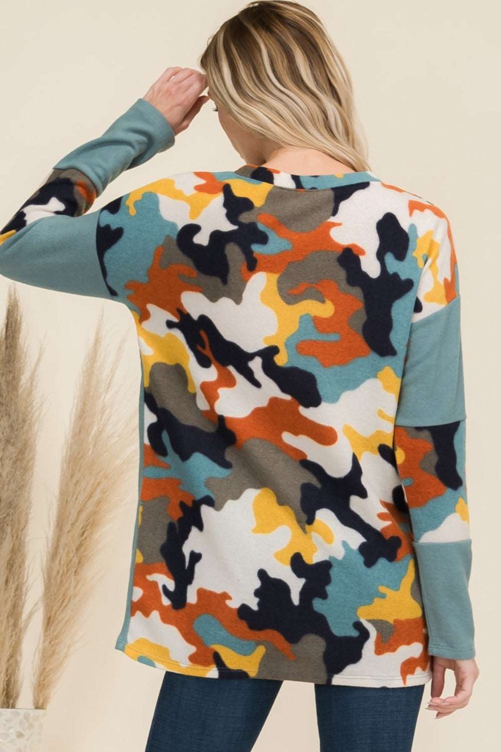 Celeste Full Size Camo Print Contrast Long Sleeve T-Shirt - SAHS