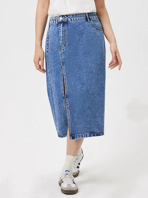 Slit Midi Denim Skirt with Pockets - SAHS