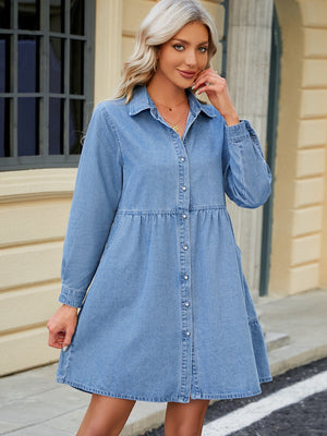 Tiered Button Up Long Sleeve Denim Dress - SAHS