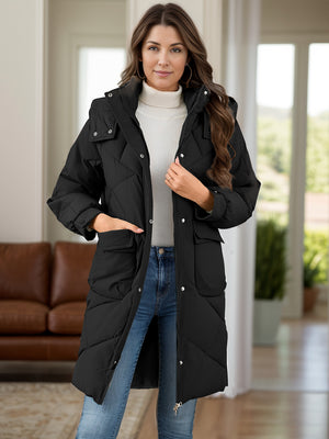 Long Sleeve Longline Hooded Winter Coat with Pockets - SAHS