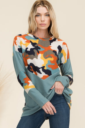 Celeste Full Size Camo Print Contrast Long Sleeve T-Shirt - SAHS