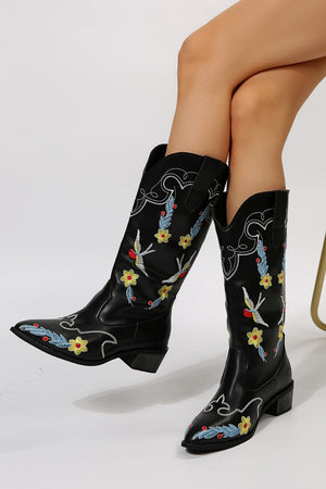 Embroidered Point Toe Block Heel Boots - SAHS