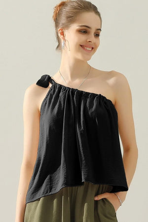 Ninexis One Shoulder Bow Tie Strap Satin Silk Top - SAHS