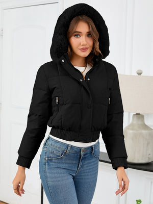 Pocketed Long Sleeve Cropped Hooded Winter Coat - SAHS