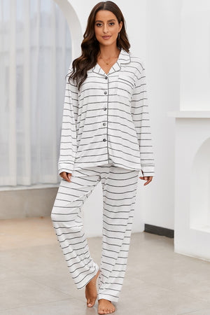 Striped V-Neck Long Sleeve Top and Pants Lounge Set - SAHS