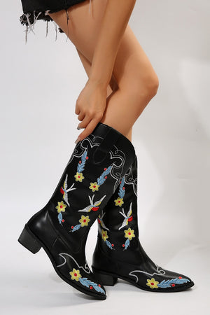 Embroidered Point Toe Block Heel Boots - SAHS