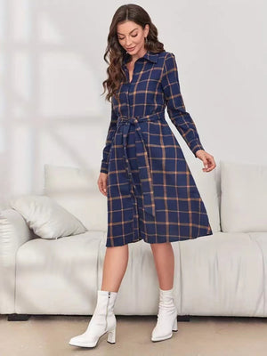 Plaid Tie Waist Long Sleeve Dress - SAHS