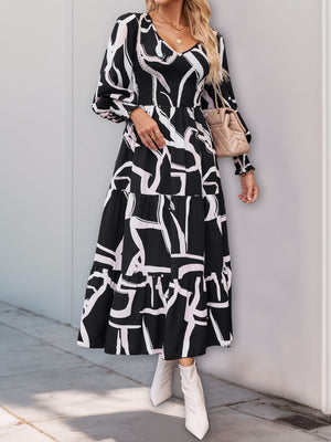 Perfee Smocked Printed Long Sleeve Midi Dress - SAHS