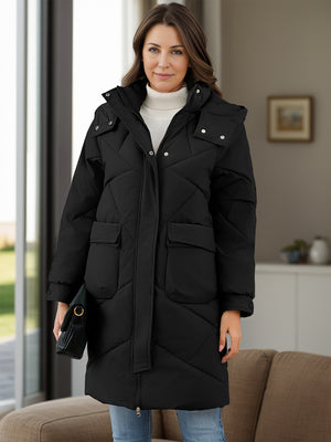 Long Sleeve Longline Hooded Winter Coat with Pockets - SAHS