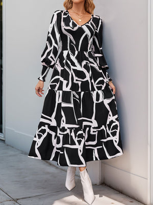 Perfee Smocked Printed Long Sleeve Midi Dress - SAHS