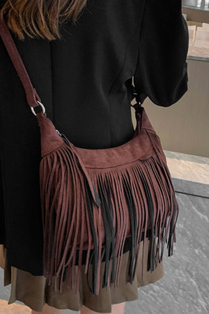 Suede Fringe Adjustable Strap Shoulder Bag - SAHS