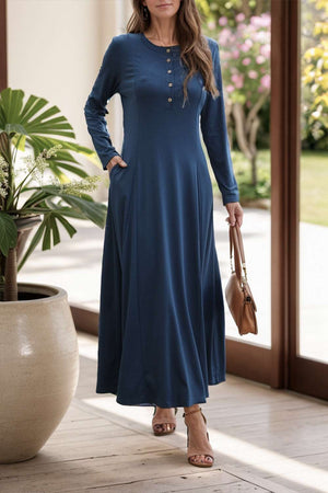 Round Neck Long Sleeve Maxi Dress with Pockets