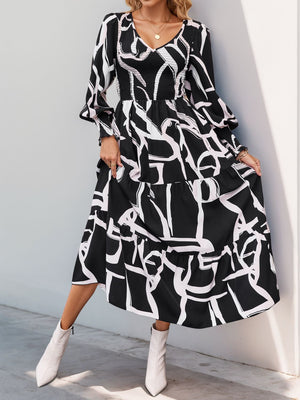 Perfee Smocked Printed Long Sleeve Midi Dress - SAHS