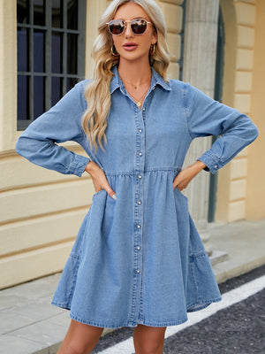 Tiered Button Up Long Sleeve Denim Dress - SAHS