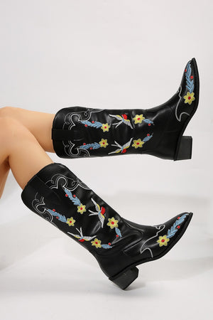 Embroidered Point Toe Block Heel Boots - SAHS