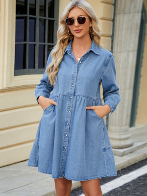 Tiered Button Up Long Sleeve Denim Dress - SAHS