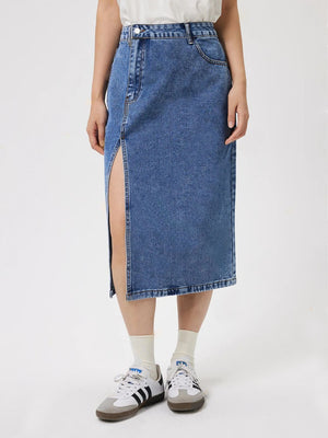 Slit Midi Denim Skirt with Pockets - SAHS