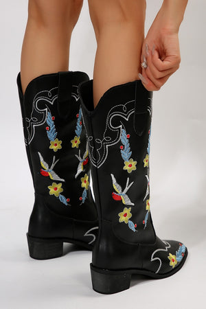 Embroidered Point Toe Block Heel Boots - SAHS