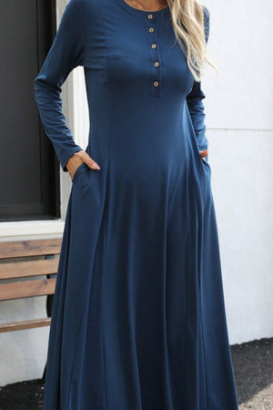 Round Neck Long Sleeve Maxi Dress with Pockets - SAHS