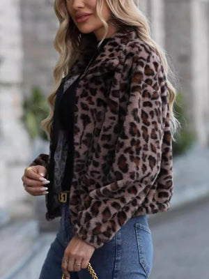 Leopard Collared Neck Zip Up Jacket - SAHS