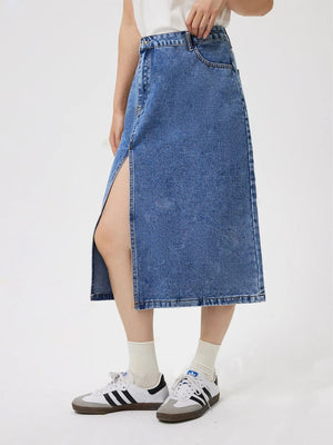 Slit Midi Denim Skirt with Pockets - SAHS