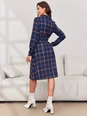 Plaid Tie Waist Long Sleeve Dress - SAHS