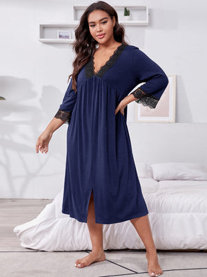 Plus Size Lace Detail V-Neck Lounge Dress - SAHS