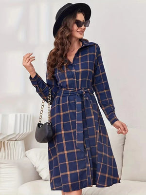 Plaid Tie Waist Long Sleeve Dress - SAHS