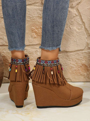 Fringe Suede Wedge Boots