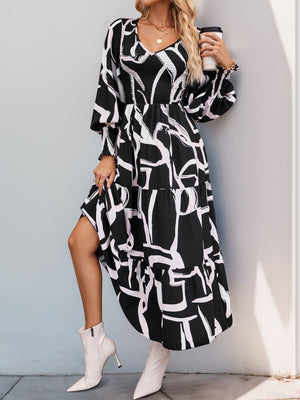 Perfee Smocked Printed Long Sleeve Midi Dress - SAHS