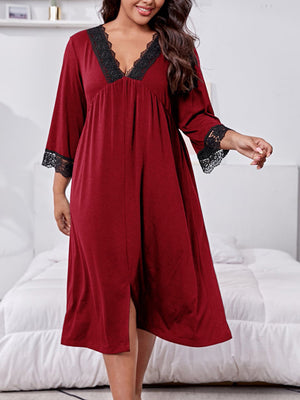 Plus Size Lace Detail V-Neck Lounge Dress - SAHS