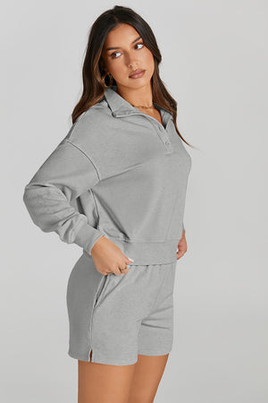 Half Button Sweatshirt and Shorts Active Set - SAHS