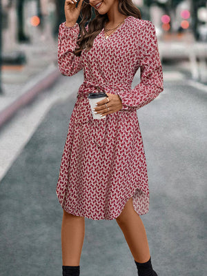 Tied Printed Notched Balloon Sleeve Dress - SAHS