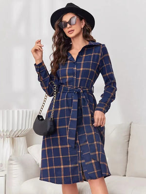 Plaid Tie Waist Long Sleeve Dress - SAHS