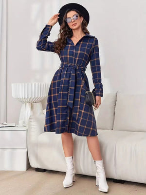 Plaid Tie Waist Long Sleeve Dress - SAHS